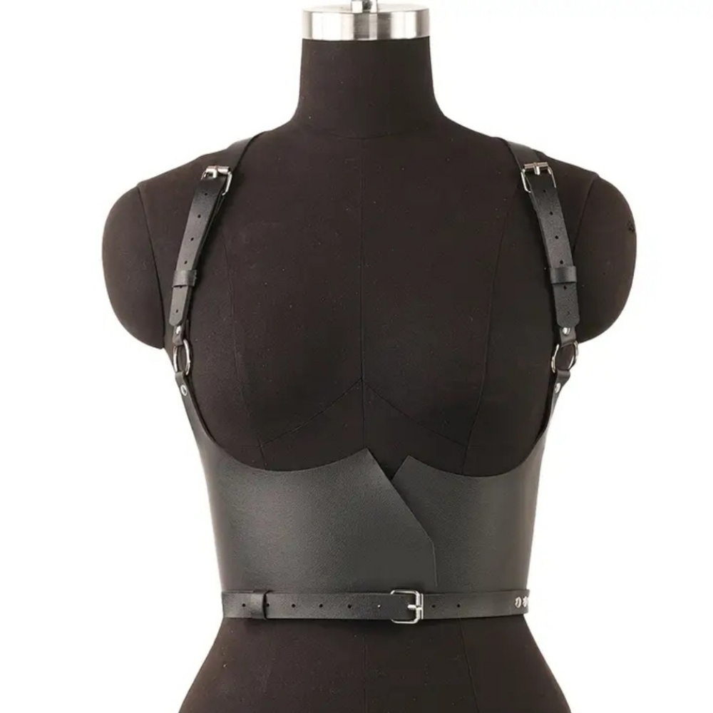 Trendy Black Faux Leather Gothic Shaping Wide Cinched Waist Harness Belt